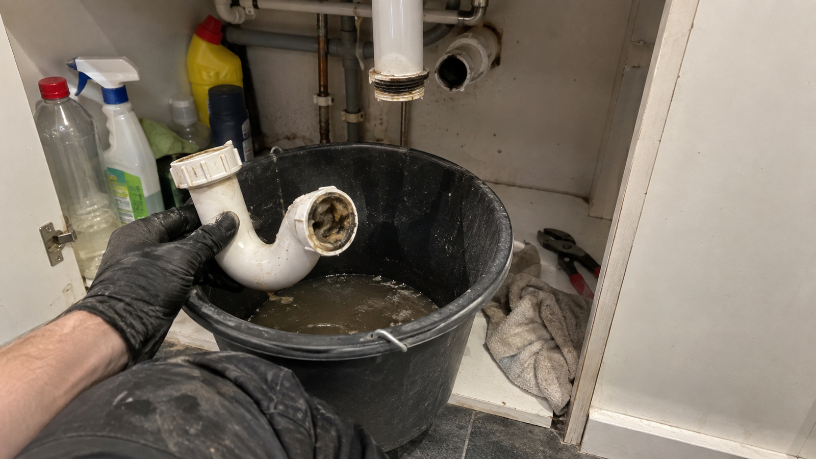 Kitchen waste trap removed during a blocked drain inspection