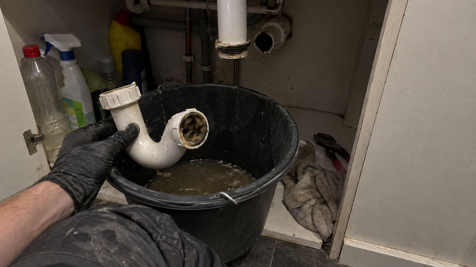Gloved engineer holding a removed kitchen waste trap over a bucket
