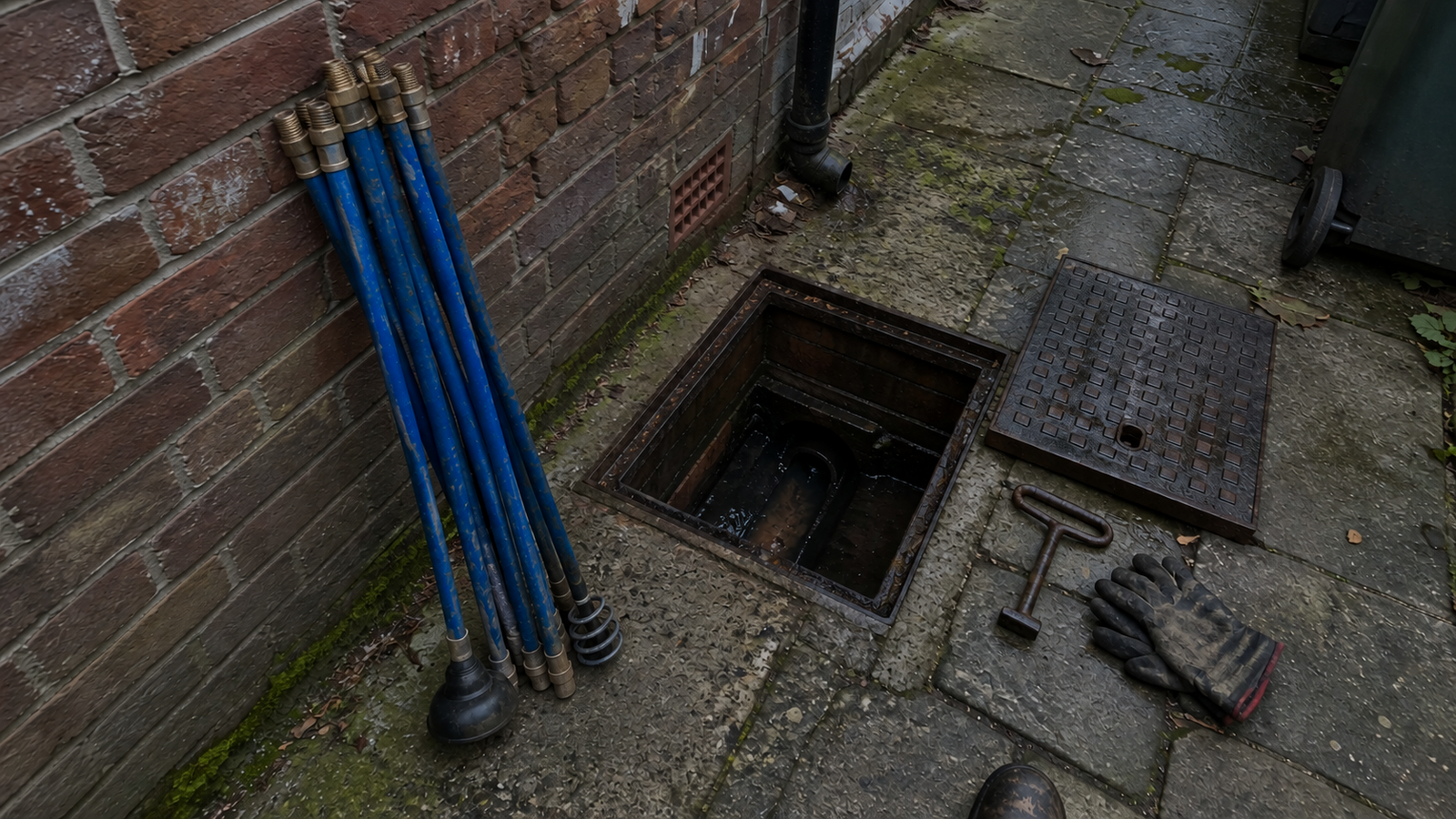 Open outside inspection chamber with drain rods beside a brick wall