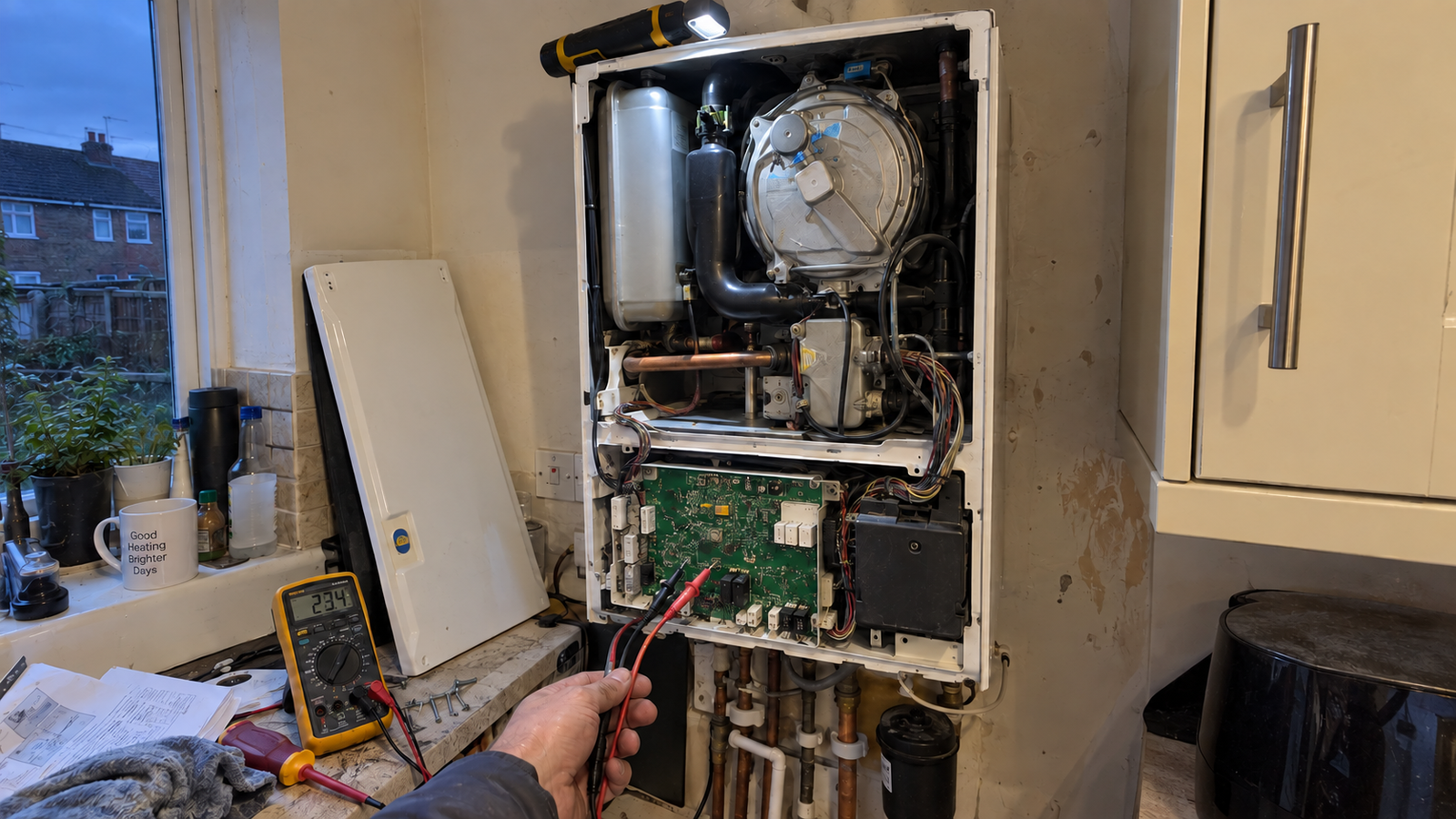 Engineer testing an exposed boiler control board with a multimeter