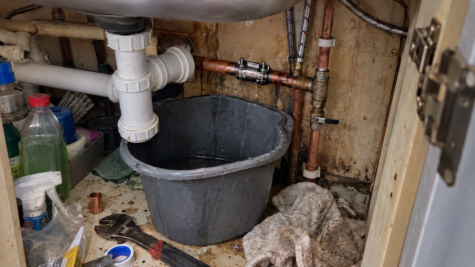 Burst pipe clamp and bucket catching water beneath a kitchen sink
