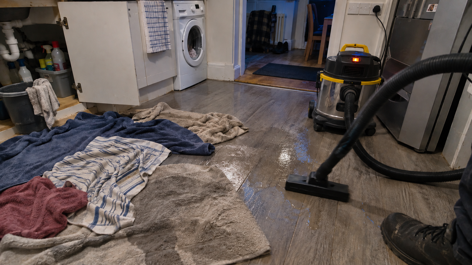 Wet kitchen floor being dried after an urgent plumbing leak