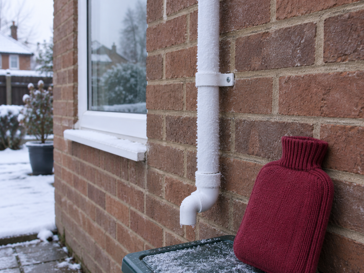 Frost on an accessible external boiler condensate pipe beside a brick wall