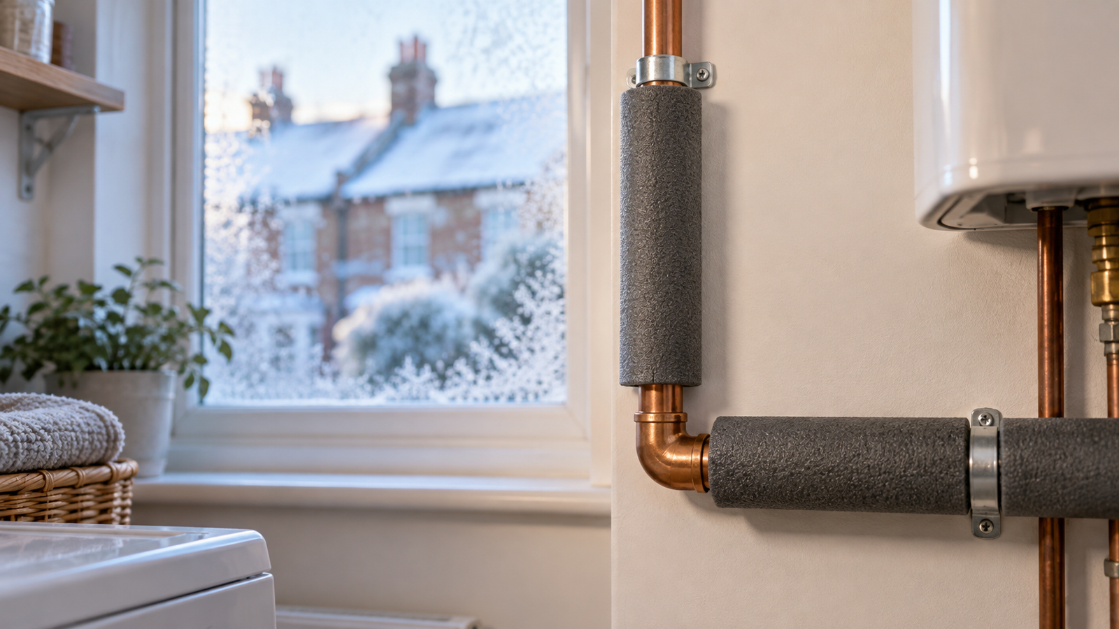 Insulated copper water pipe beside a frosty utility-room window