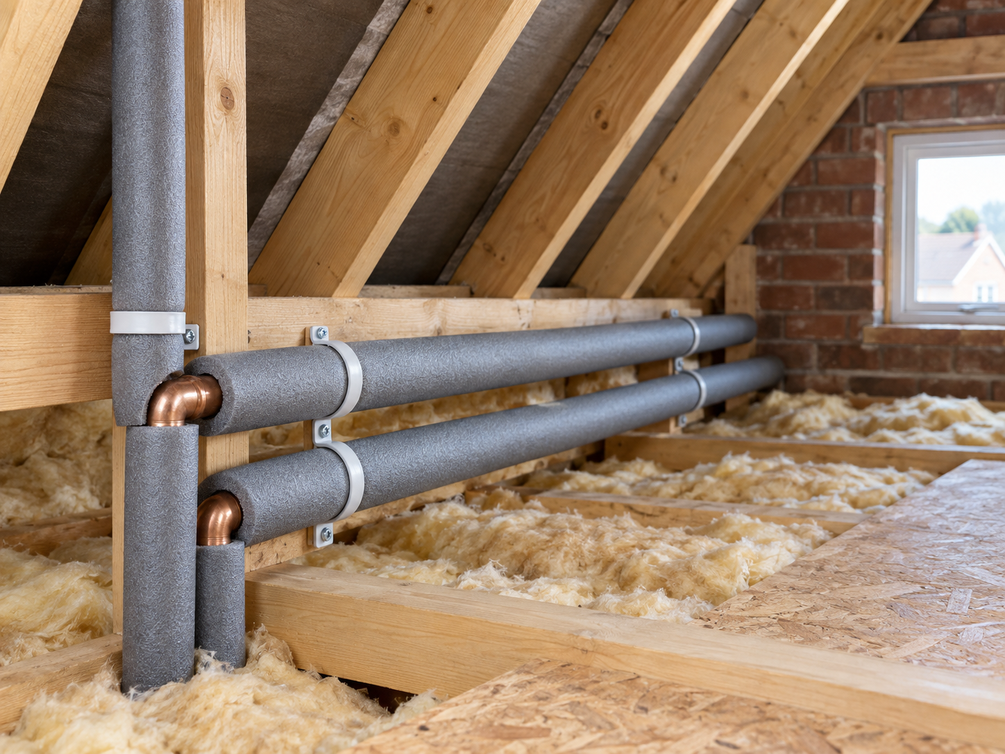Foam lagging fitted around exposed copper pipes in a tidy loft