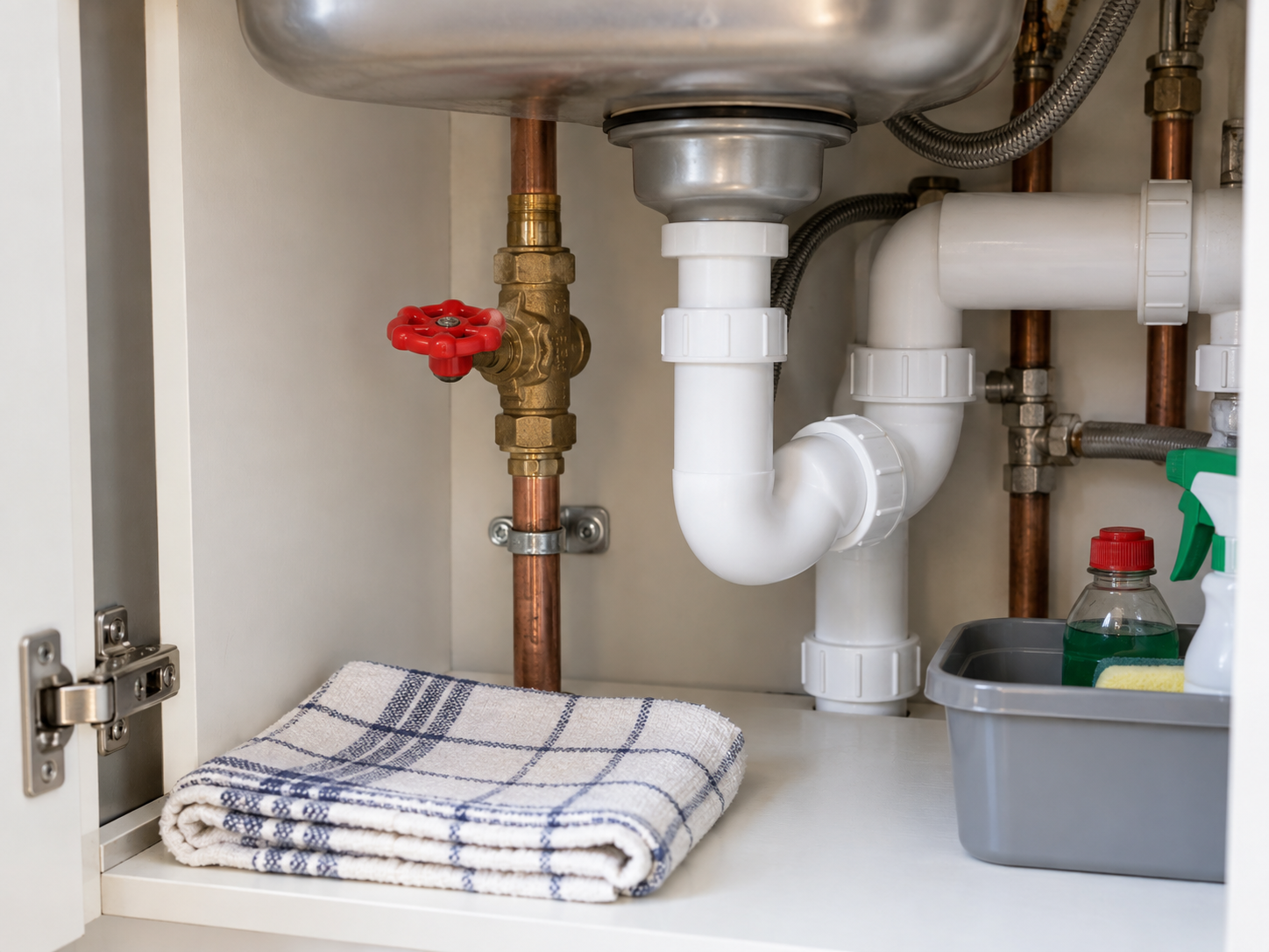 Brass stopcock and isolation valve beneath a tidy kitchen sink